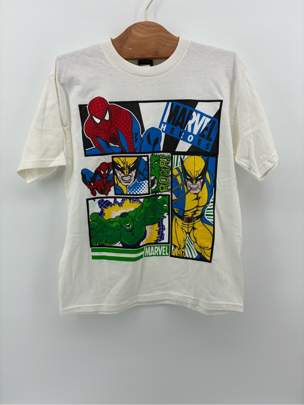 Marvel White Short Sleeve Tee with Spider-Man, Hulk & Wolverine Comic Panels
